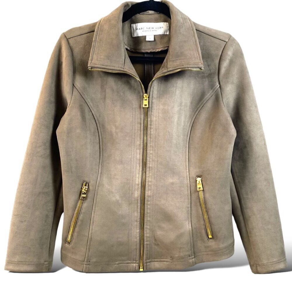Andrew Marc New York Jacket Womens Sz S Brown Faux Suede Leather Full Zip Moto